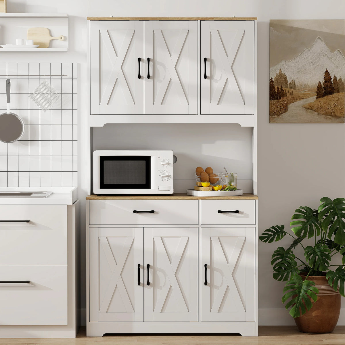 HOMCOM 175 cm Tall Kitchen Pantry Cabinet with Microwave Stand, Freestanding Pantry Cupboard, White