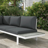 Outsunny 4 Pieces Garden Furniture Set, 5-Level Reclining Garden Corner Sofa Set, Outdoor Lounge Conversation Sectional with Cushions, Wood Effect Plastic Table, White Frame & Grey Cushion