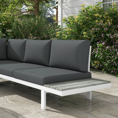 Outsunny 4 Pieces Garden Furniture Set, 5-Level Reclining Garden Corner Sofa Set, Outdoor Lounge Conversation Sectional with Cushions, Wood Effect Plastic Table, White Frame & Grey Cushion