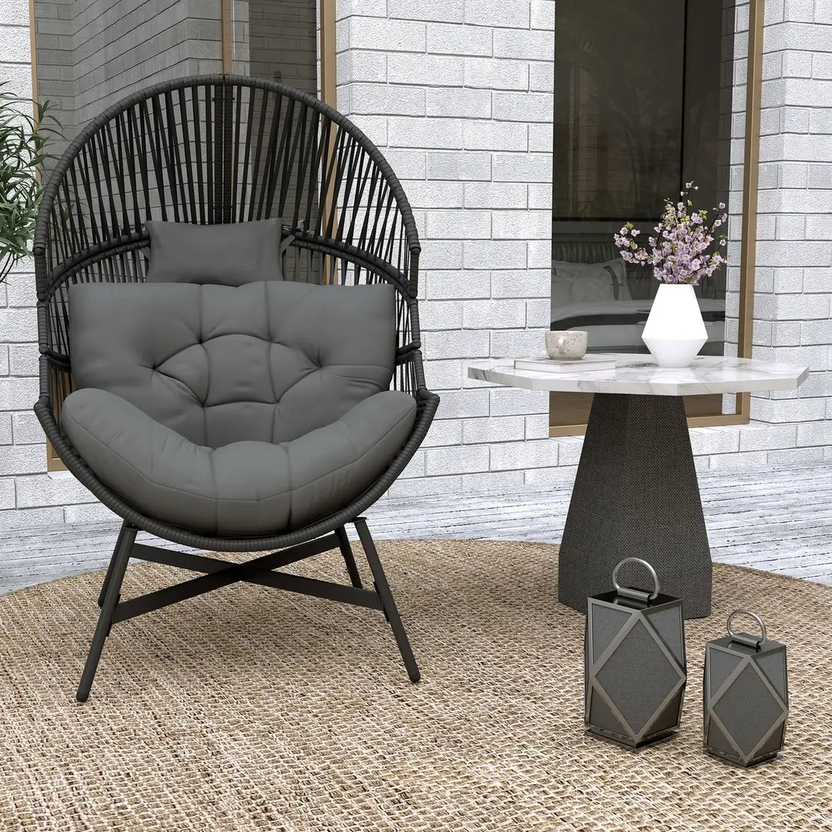 Outsunny Rattan Egg Chair, Oversized Freestanding Garden Egg Chair with Thick Tufted Cushion, Headrest, Steel Frame for Indoor and Outdoor Use, Charcoal Grey