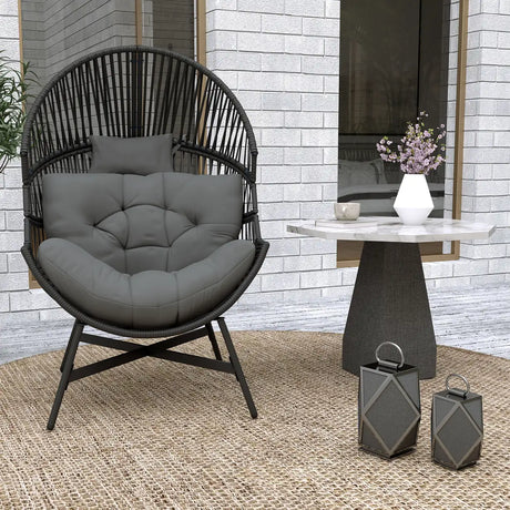 Outsunny Rattan Egg Chair, Oversized Freestanding Garden Egg Chair with Thick Tufted Cushion, Headrest, Steel Frame for Indoor and Outdoor Use, Charcoal Grey