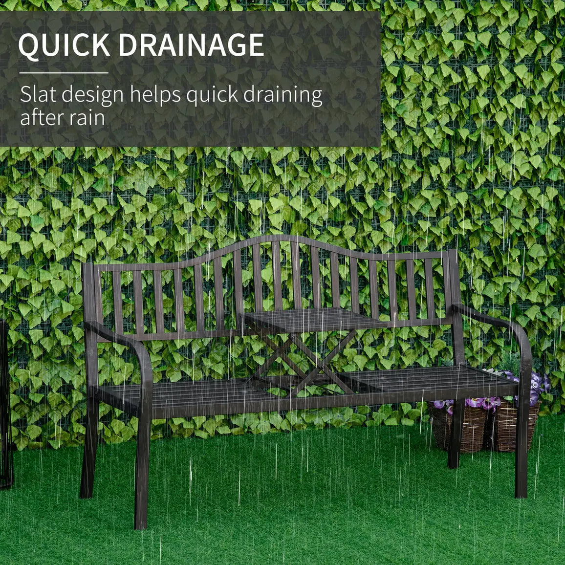 Outsunny Metal Outdoor Bench with Liftable Middle Table, Patio Loveseat, Garden Bench for Garden, Porch, Seats 23 People, Black