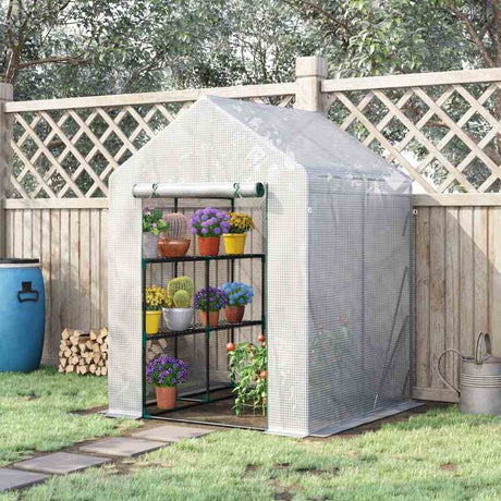 Outsunny Greenhouse for Outdoor, Portable Gardening Plant Grow House with 2 Tier Shelf, Roll-Up Zippered Door, PE Cover, 143 x 143 x 195cm, Green