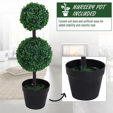 Outsunny Set of 2 Artificial Boxwood Ball Topiary Trees Potted Decorative Plant Outdoor and Indoor Décor (67cm)