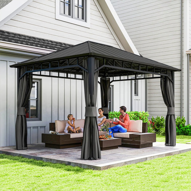 Outsunny 3 x 4m Hardtop Gazebo with Galvanised Steel Roof and Water Gutter, Waterproof Permanent Pavilion Garden Gazebo with Netting and Curtains for Patio, Deck