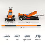 HOMCOM 2.5 Ton Hydraulic Low-Profile Floor Jack, with 7.5-47cm Lifting Range, Wheels, Orange