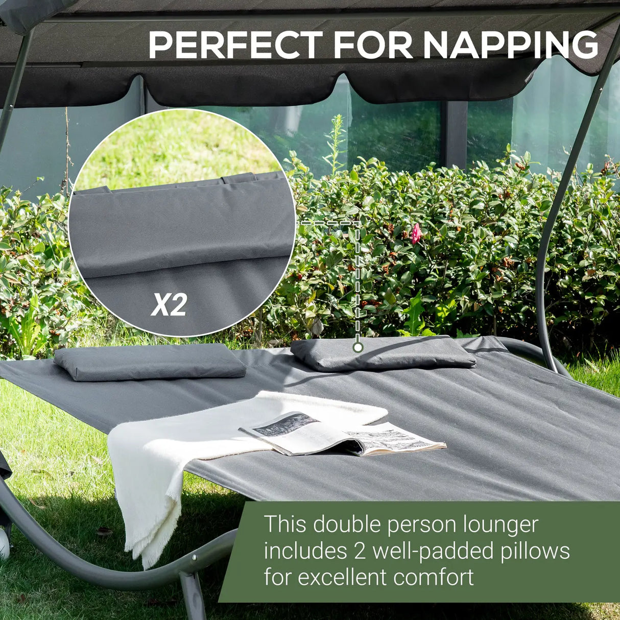 Outsunny Double Sun Lounger with Adjustable Detachable Canopy, Portable Garden Daybed for 2 with Wheels, Outdoor Sunbed Hammock with 2 Pillows, 220 KG Max. Load, Grey