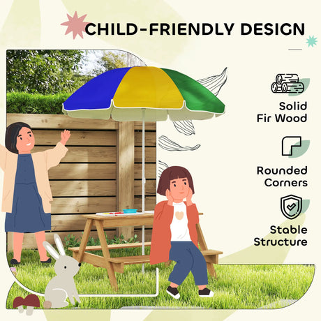 AIYAPLAY Kids Picnic Table, Sand and Water Table with Wooden Benches, Adjustable Parasol and Storage Bins, Multicolour
