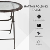 Outsunny Folding Rattan Garden Dining Table, 68 cm Round Rattan Garden Table with Water Ripple Tempered Glass Top, Wicker Edging  and Steel Frame for Outdoor, Patio, Brown