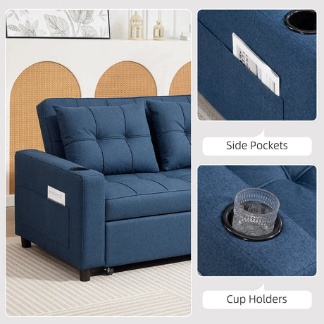 HOMCOM 2-Seater Sofa Bed with Cup Holders and Side Pockets for Overnight Guest, Dark Blue