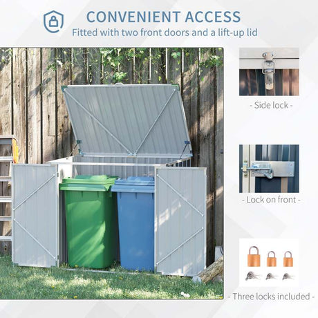 Outsunny 5ft x 3ft Garden 2-Bin Steel Storage Shed, Double Rubbish Storage Shed, Hide Dustbin w/ Locking Doors and Openable Lid