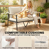 Outsunny 2 Seater Rattan Sofa, Outdoor Garden Sofa with Wood-Effect Armrests, Cushions for Patio, Balcony, Khaki