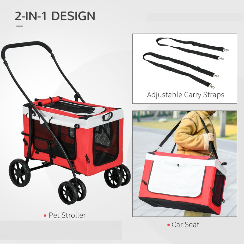 PawHut Foldable Dog Stroller, Pet Travel Crate, with Detachable Carrier, Soft Padding, for Mini, Small Dogs - Red