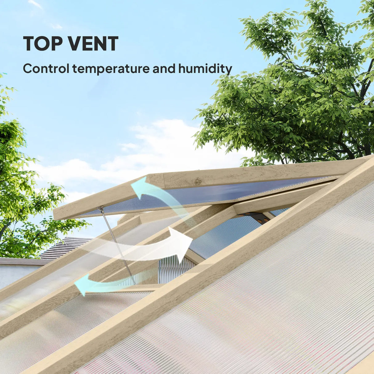 Outsunny 6.6 x 6ft Polycarbonate Greenhouse, Walk-in Wooden Greenhouse with Lockable Door and Window, Garden Plants Grow House, Brown