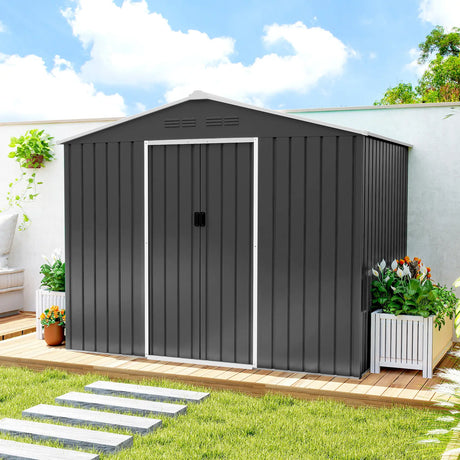 Outsunny 8 x 6ft Galvanised Steel Shed, with Double Door - Dark Grey