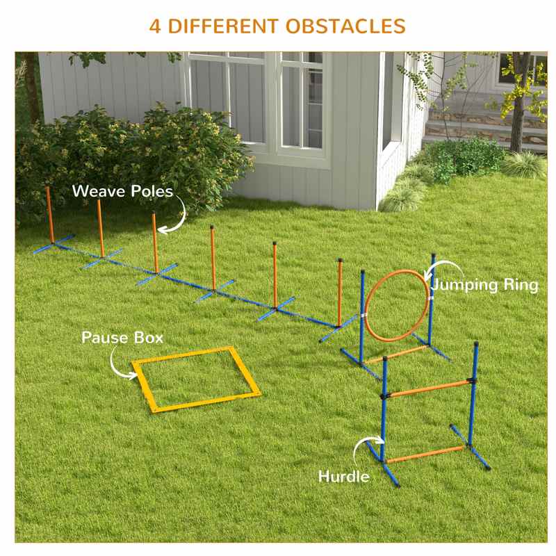 PawHut Eight-Piece Dog Agility Equipment Set with Weave Poles, Jump Ring, Hurdle, Pause Box, Training Shorts, Bag, Orange