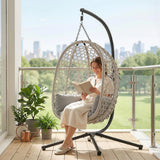 Outsunny Hanging Egg Chair, Indoor Outdoor Rattan Hammock Swing Chair with Stand, Safety Strap, Foldable Basket, Light Grey