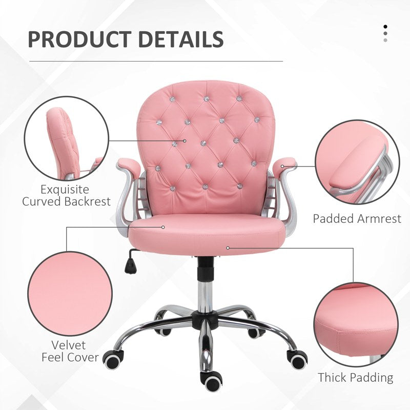 Vinsetto Office Chair Ergonomic 360 Swivel PU Diamante Padded Base 5 Castor Wheels for Home Work Pink