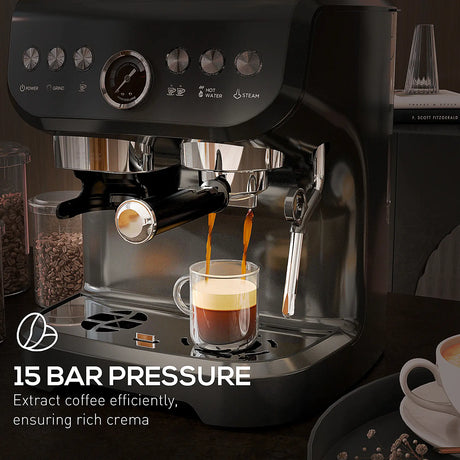 HOMCOM 15 Bar Coffee Machine, with Adjustable Grind, Steamer and Accessories - Black