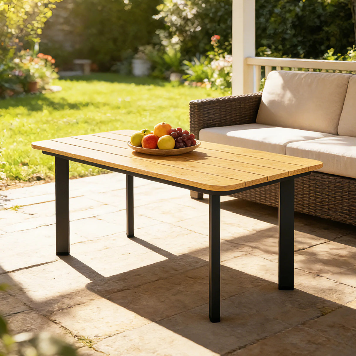 Outsunny Outdoor Garden Coffee Table, Garden Table with Slatted Wood Plastic Composite Top and Metal Frame, Brown