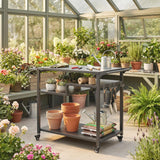 Outsunny Outdoor Grill Cart, Three-Tier Pizza Oven Stand  with Steel Tabletop, Hooks, Rubbish Bag Holder, Wheels, Black