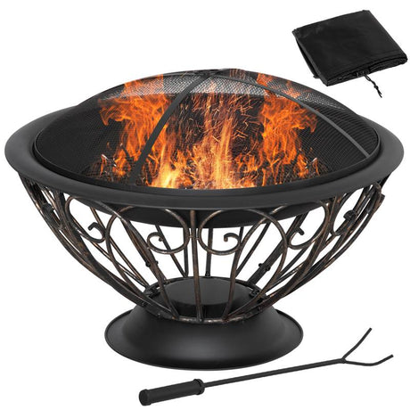 Outsunny Outdoor Fire Pit for Garden, Metal Fire Bowl Fireplace with Spark Screen, Poker, Log Grate and Rainproof Cover, Patio Heater, Bronze