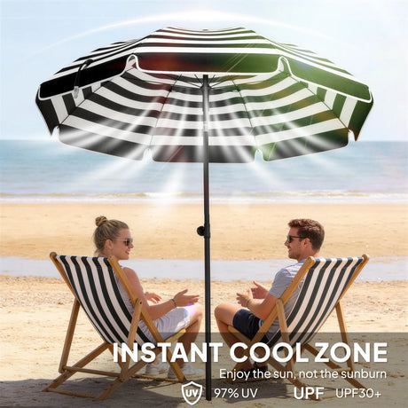 Outsunny 1.8 m Beach Umbrella Parasol with Sand Anchor, Portable 30 Tilting Patio Sun Shade with Adjustable Height, Grey/White