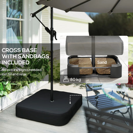 Outsunny 3 m Garden Cantilever Parasol with Cross Base, Sandbag, 360 Rotating Overhanging Banana Umbrella, Grey