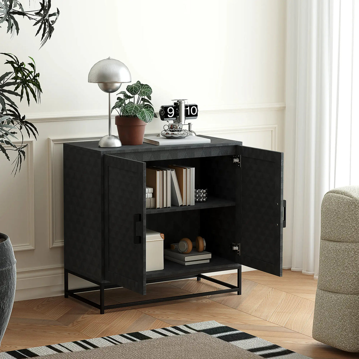 HOMCOM Modern Sideboard, Freestanding Sideboard Storage Cabinet with Adjustable Shelf and 2 Doors for Living Room, Black