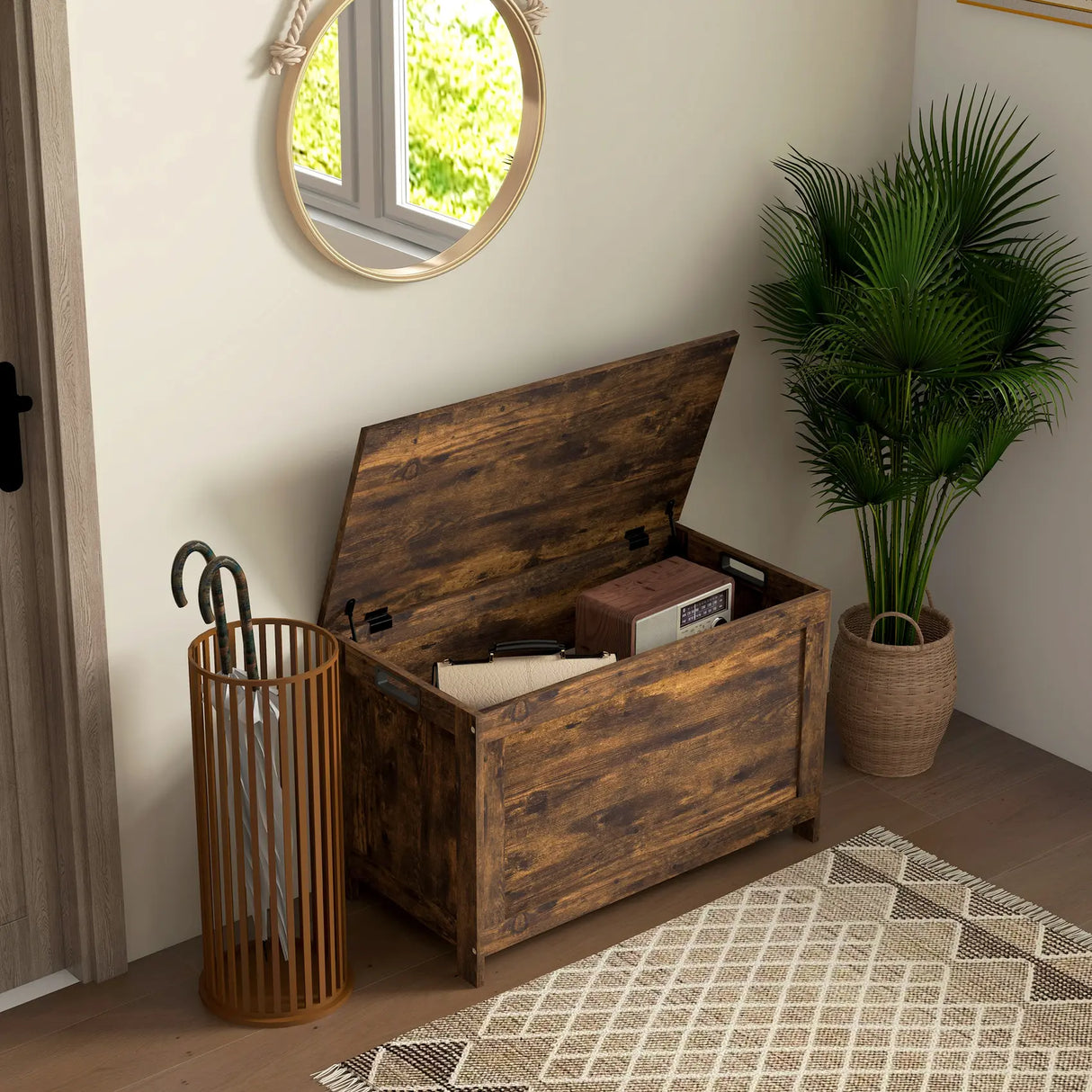 HOMCOM Storage Chest, Modern Storage Trunk with 2 Safety Hinges and Cut-out Handles, Wooden Toy Box for Living Room, Entryway, 76 x 40 x 48 cm, Rustic Brown