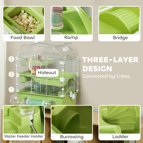 PawHut 3-Tier Hamster Cage with Transparent Top, Sand Bathroom, Exercise Wheel, Hideout Room, Tubes, 45 x 28 x 60 cm, Green