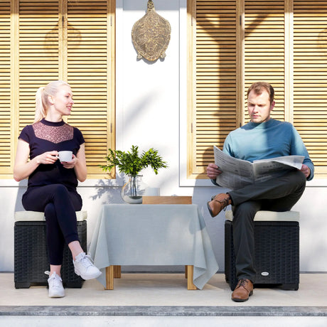 Outsunny Set of 2 Rattan Storage Ottoman, Outdoor Footstool with Removable Cushions, Garden Storage Seat for Balcony, Porch, Living Room, Cream