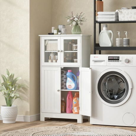 kleankin Bathroom Floor Cabinet, Freestanding Kitchen Cupboard with 2 Drawers, Adjustable Shelves and Tempered Glass Door, Wooden  Storage Unit for Living Room Kitchen Hallway