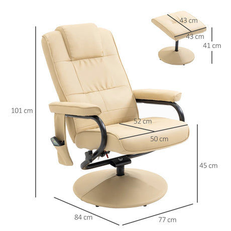HOMCOM Swivel Recliner Chair and Footstool, Faux Leather Massage Recliner Armchair with Remote Control and Round Wrapped Base, Beige
