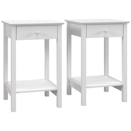 HOMCOM White Bedside Table, Wooden Side Table, Nightstand, Bedside Cabinet with Drawer and Storage Shelf for Bedroom and Living Room, Set of 2