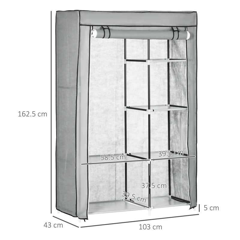 HOMCOM Fabric Wardrobe, Portable Wardrobe with 6 Shelves, 1 Hanging Rail, Foldable Closets, 103 x 43 x 162.5 cm, Light Grey