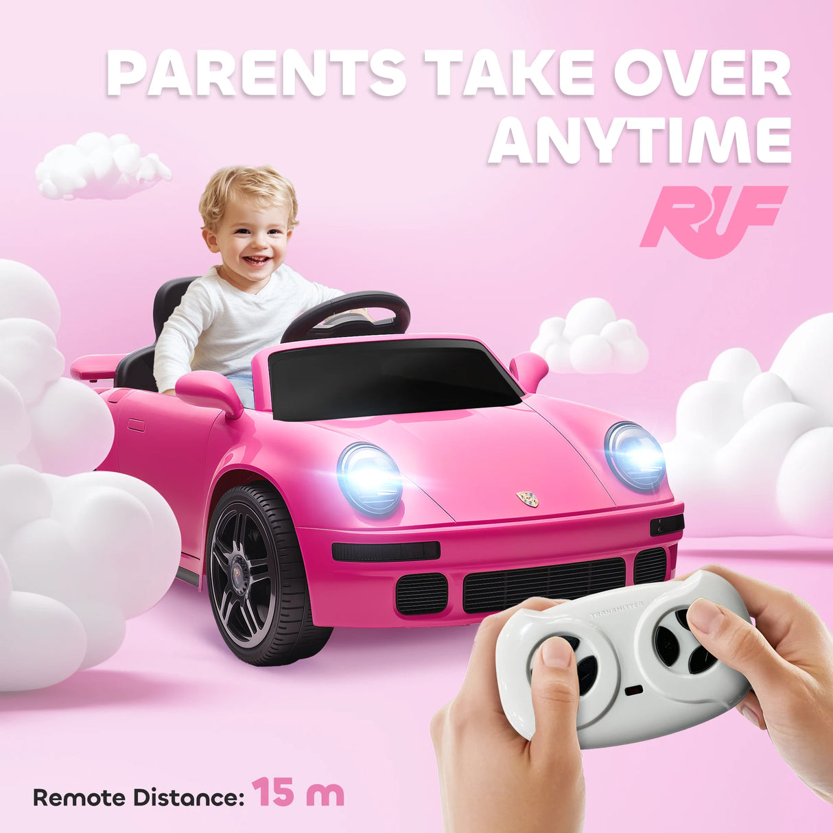 AIYAPLAY Licensed RUF CTR 2017 Electric Car for Kids, with Remote Control, Soft Start, MP3 Player, LED Lights, Pink