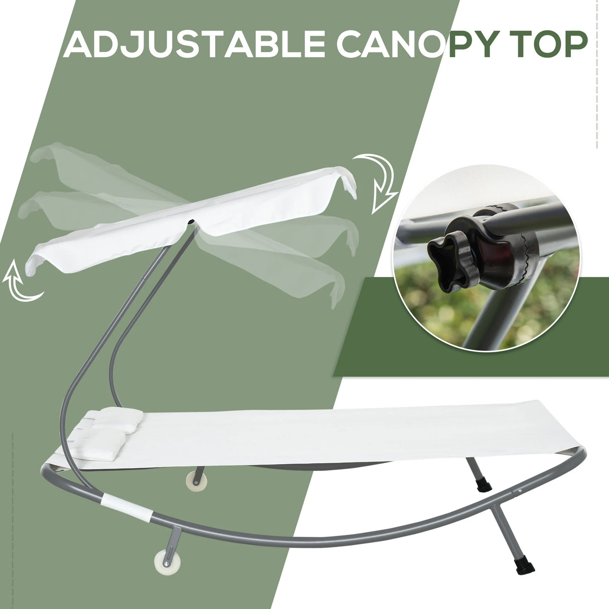 Outsunny Double Sun Lounger with Adjustable Detachable Canopy, Portable Garden Daybed for 2 with Wheels, Outdoor Sunbed Hammock with 2 Pillows, 220 KG Max. Load, White