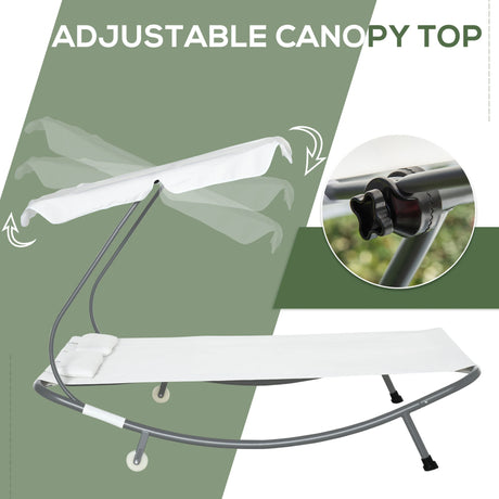 Outsunny Double Sun Lounger with Adjustable Detachable Canopy, Portable Garden Daybed for 2 with Wheels, Outdoor Sunbed Hammock with 2 Pillows, 220 KG Max. Load, White