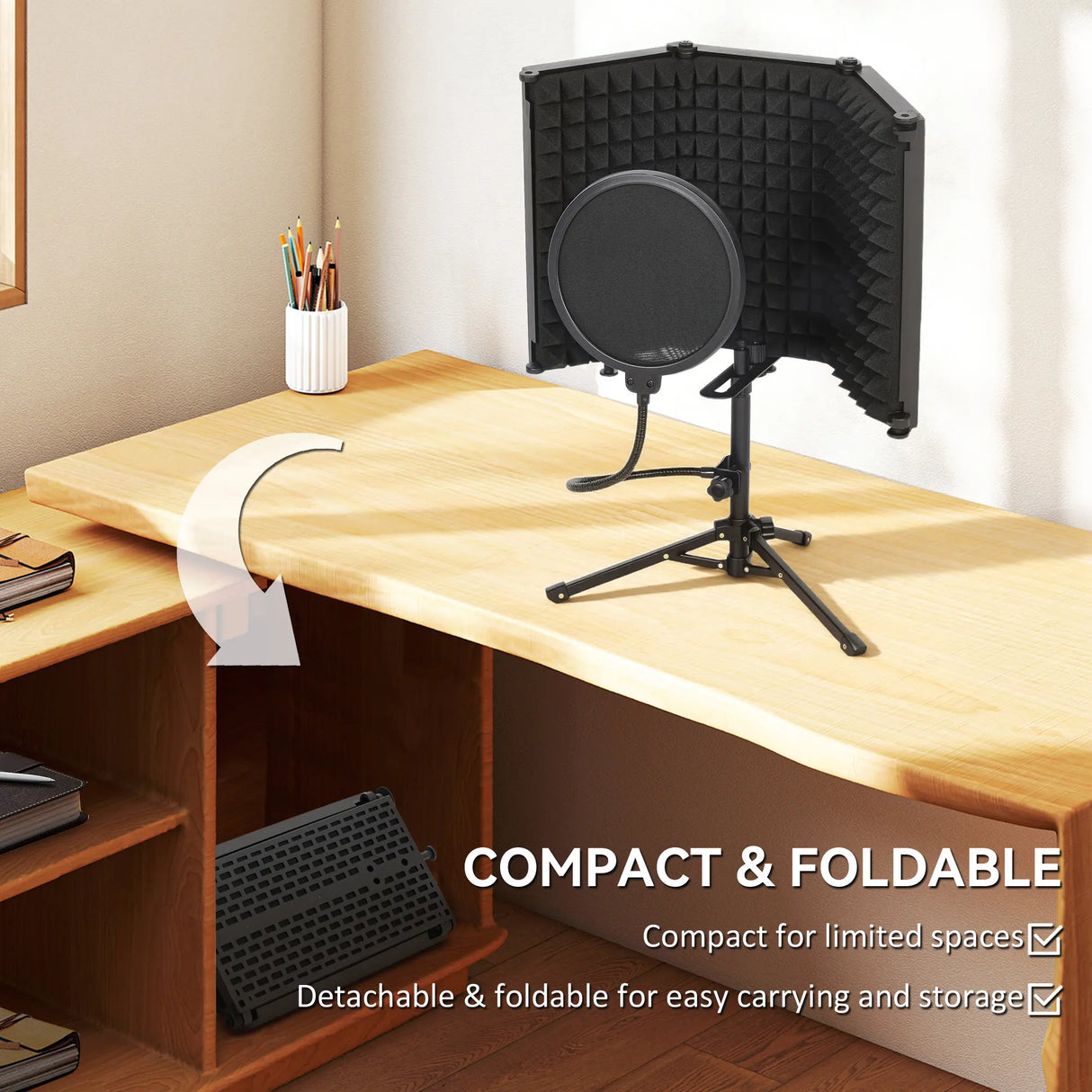 HOMCOM Studio Microphone Isolation Shield with Pop Filter and Tripod Stand, Foldable Adjustable Recording Studio Equipment, 3-Panel High Density Absorbent Foam Shield with 3/8" Threaded Mount, Black