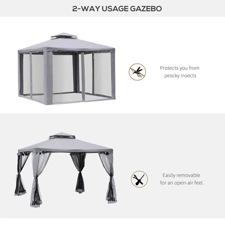 Outsunny 3 x 3 m Metal Gazebo, Garden Pavillion, Double Roof Outdoor Canopy Shelter with Mesh Sidewalls, Grey