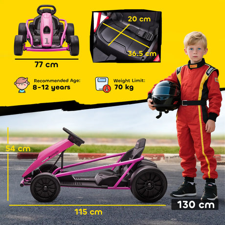 HOMCOM 24V Electric Go Kart for Kids, Drift Ride-On Racing Go Kart with 2 Speeds, for Boys Girls Aged 8-12 Years Old, Pink