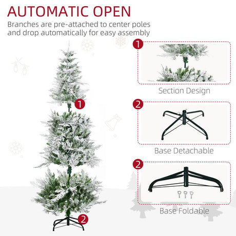 HOMCOM 6 Ft Pencil Snow Flocked Artificial Christmas Tree with Realistic Cypress Branches, Auto Open, Green