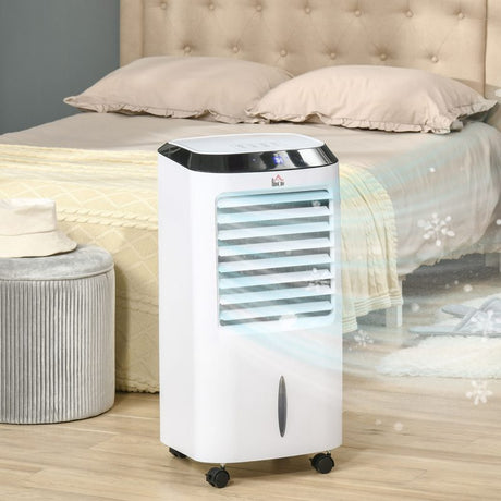 HOMCOM Portable Air Cooler, Evaporative Anion Ice Cooling Fan Water Conditioner Humidifier Unit with 10L Water Tank, 3 Modes, 3 Speed, Remote, Timer, Oscillating for Home Quiet Bedroom, White