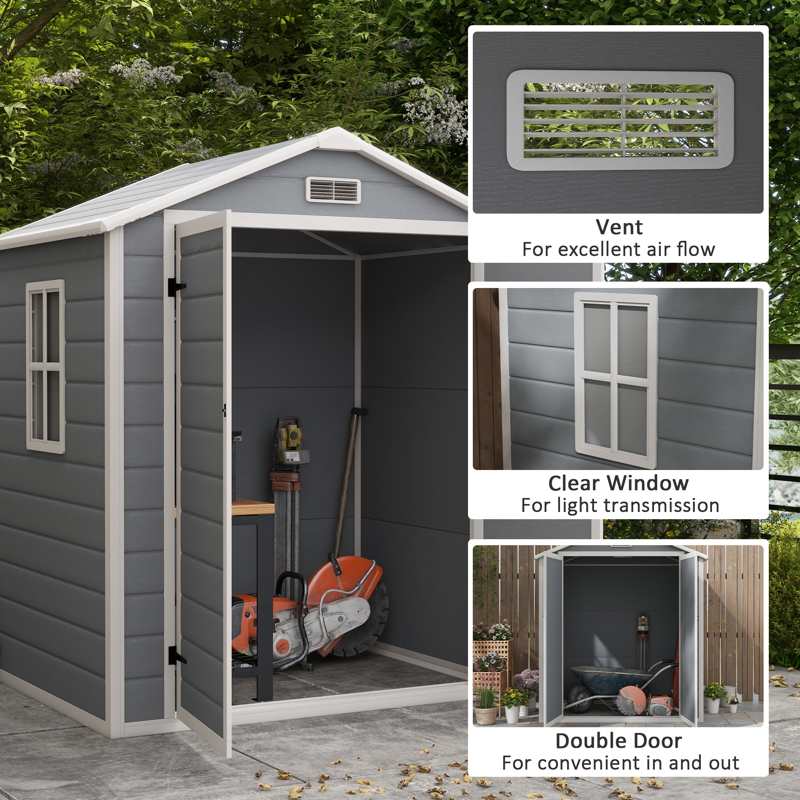 Outsunny 6'x4.5' Garden Storage Shed, Lockable Garden Shed with Double Doors, Window, Vent and Plastic Roof, Grey