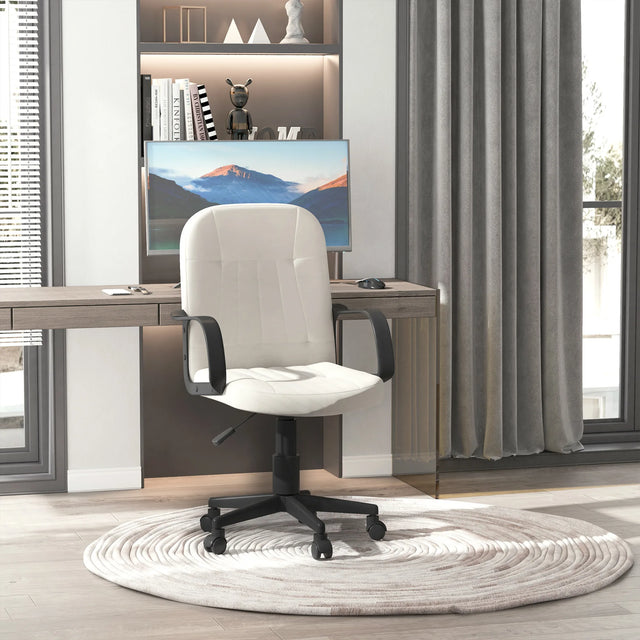 HOMCOM Office Chair, PU Leather Computer Desk Chair with Adjustable Height, Swivel Wheels for Home Office Work Study, Cream White