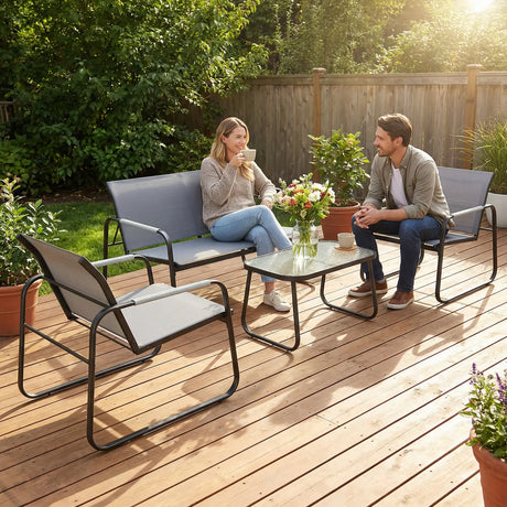 Outsunny 4 Piece Garden Furniture Set, Garden Sofa Set with Loveseat, 2 Armchairs, Tempered Glass Table for Balcony, Grey