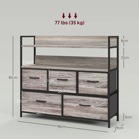 HOMCOM Rustic Chest of Five Fabric Drawers - Grey Wood Effect