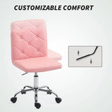 HOMCOM PU Leather Armless Office Chair, Modern Vanity Computer Swivel Chair with Rolling Wheels and Adjustable Height for Home Study, Bedroom, Pink