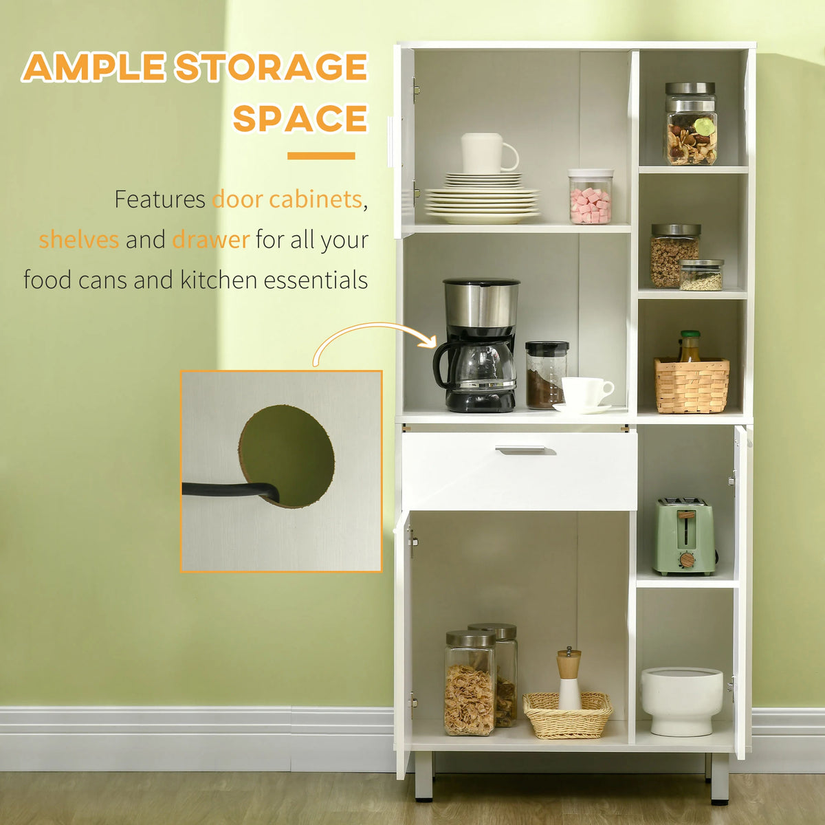 HOMCOM Kitchen Cupboard, Modern Kitchen Storage Cabinet with Shelves and Drawer, Free Standing Kitchen Units, 166 cm, White